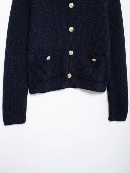 Women's Winter Slim Short Knitted Cardigan Jacket Retro Round Neck Gold Breasted Decoration Elegant Women's Casual Jacket