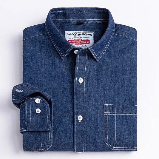 Nueva camisa de manga larga vaquera de algodón 100% para otoño e invierno, abrigo grueso para hombre, abrigo social ajustado, informal, holgado, a la moda