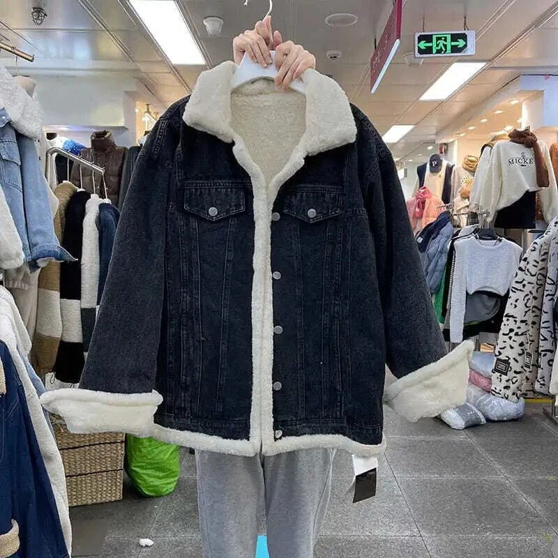 Double-Sided Lamb Wool Denim Jacket Women's Velvet Thick Furry Casual BF Padded Loose Winter Cowgirls Coat