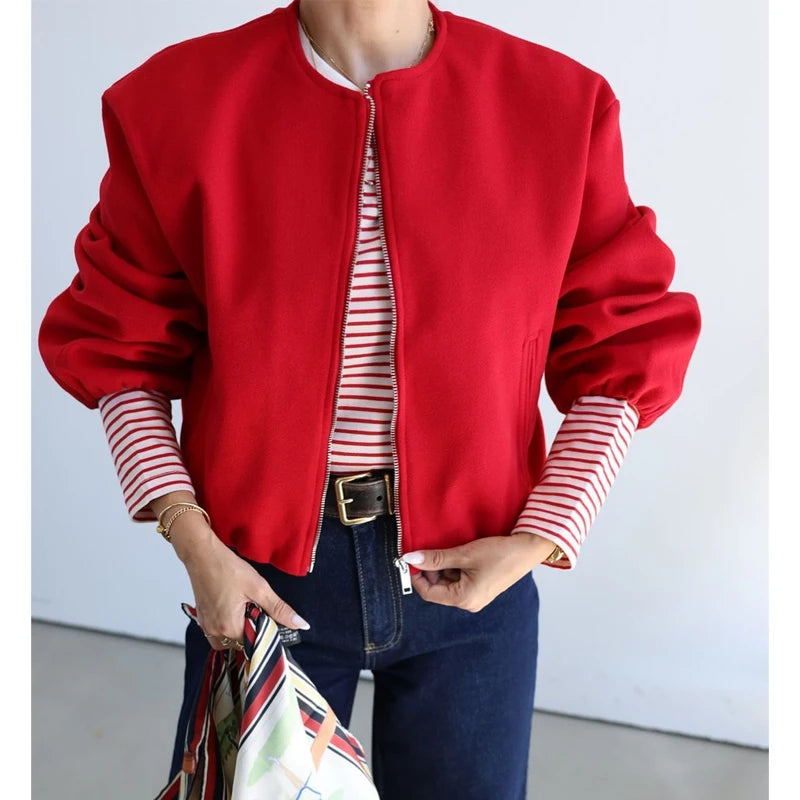 Red Zipper Bomber Jackets for Women Soft Cropped Jackets Woman 2026 Long Sleeve Woman's Sports Jacket New in Outerwears
