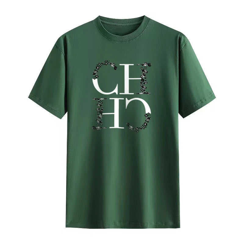 CH Letter Printed Fashionable Black T-shirt Trendy Streetwear Fashionable Men's and Women's Casual Loose Short Sleeved Top