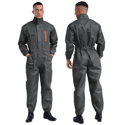 Men Resistant Coveralls Work Uniforms for Factory Workshop Stand Collar Long Sleeve Multi-pockets One-piece Jumpsuit Worker Wear