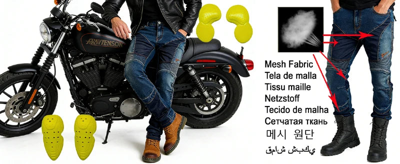 Men Kevlar Motorcycle Jeans Windproof Abrasion Resistant Protective Pants Blue Off Road Riding Trousers Four Season Gear