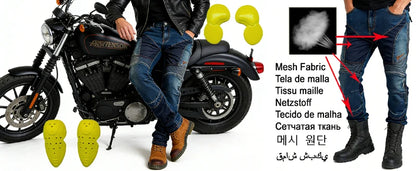 Men Kevlar Motorcycle Jeans Windproof Abrasion Resistant Protective Pants Blue Off Road Riding Trousers Four Season Gear