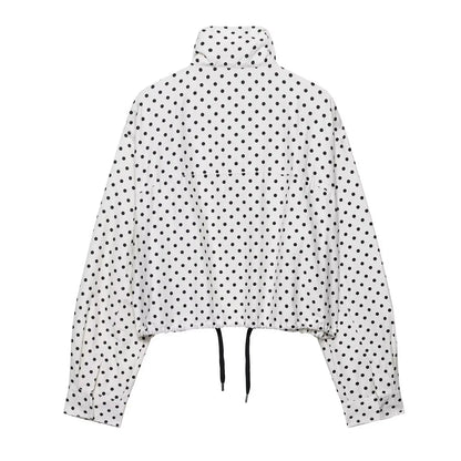Woman Autumn Long Sleeves Turtleneck Zipper With Pockets Drawstring Casual Coats Women Fashion Polka Dot Printed Jacket