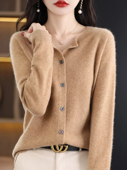 2026 New Chic Women's Basic O-neck Cardigan 100% Merino Wool Sweater Soft Grace Knitwear CoatSpring Autumn Female Clothes Tops