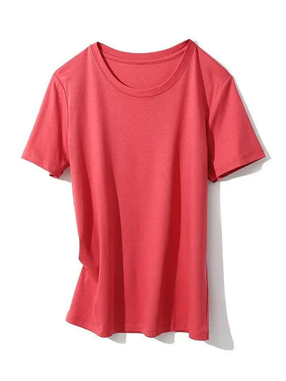 SuyaDream Women Solid T shirts, Silk Cotton Blend, O Neck, Short Sleeved Solid Tee,2026 Summer Candy Colors Basic Cozy Top Green