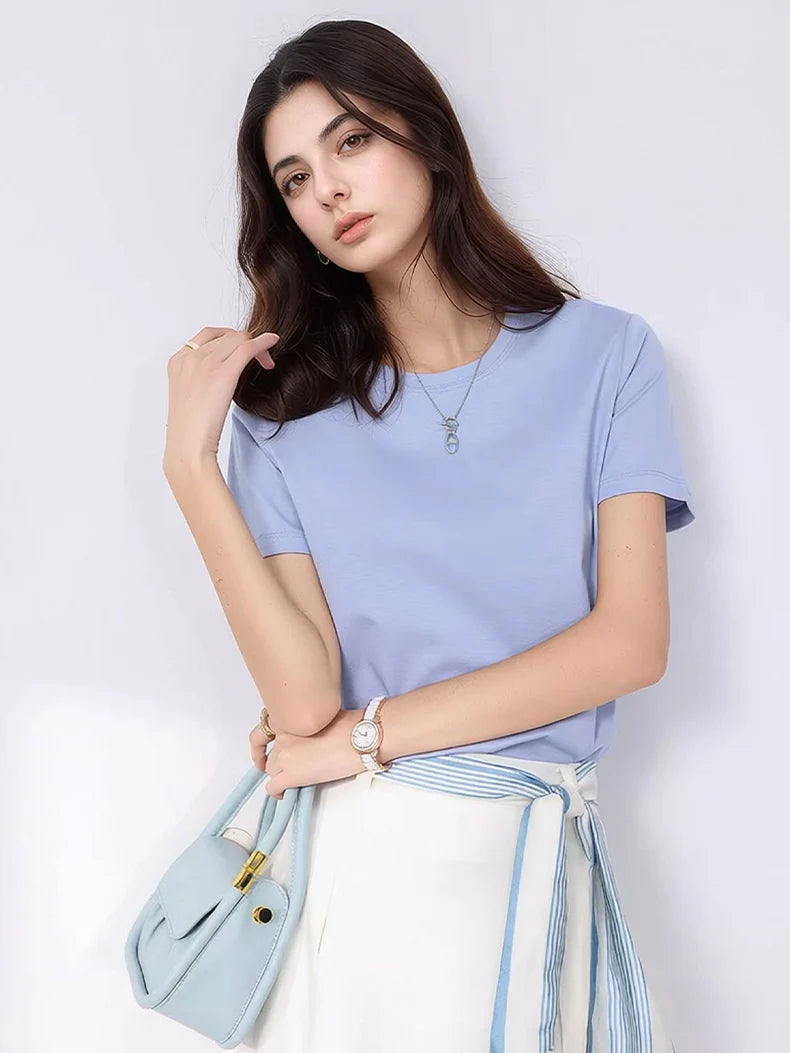 SuyaDream Women Solid T shirts, Silk Cotton Blend, O Neck, Short Sleeved Solid Tee,2026 Summer Candy Colors Basic Cozy Top Green