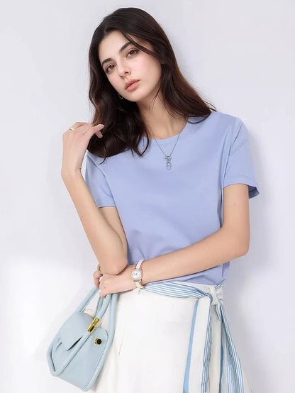 SuyaDream Women Solid T shirts, Silk Cotton Blend, O Neck, Short Sleeved Solid Tee,2026 Summer Candy Colors Basic Cozy Top Green