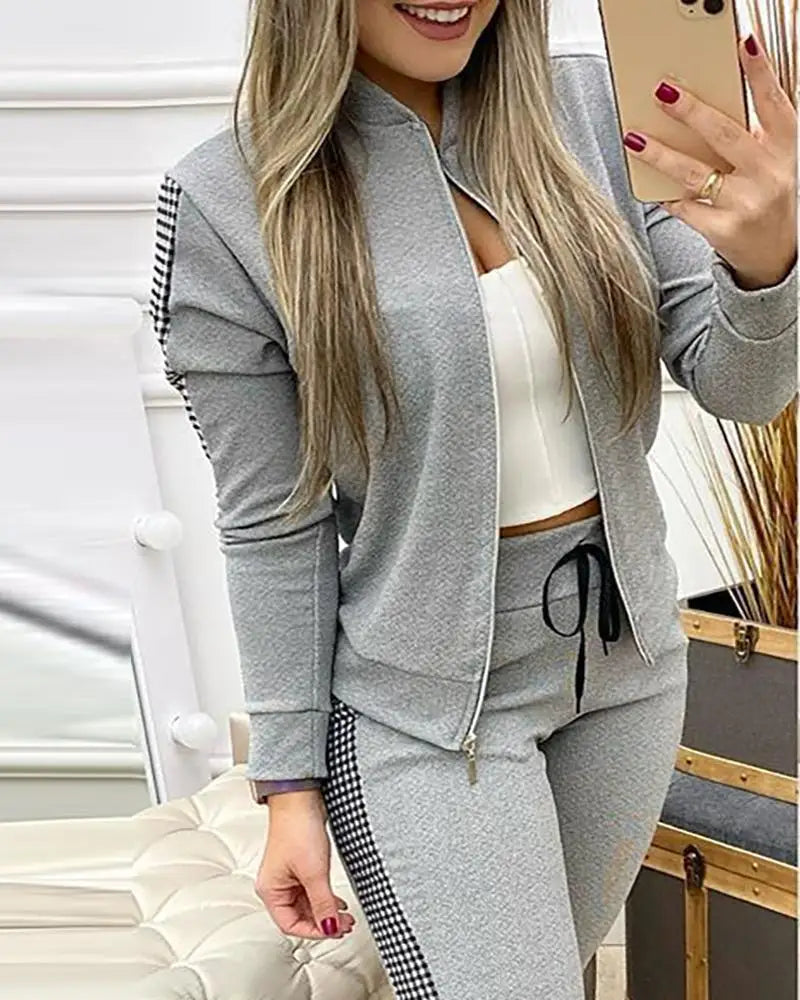 Athleisure Zipper Jacket Women's Suit Spring Fashion Patchwork Plaid Slim Fit Timid Feet Trousers Female 2 Piece Set 2025