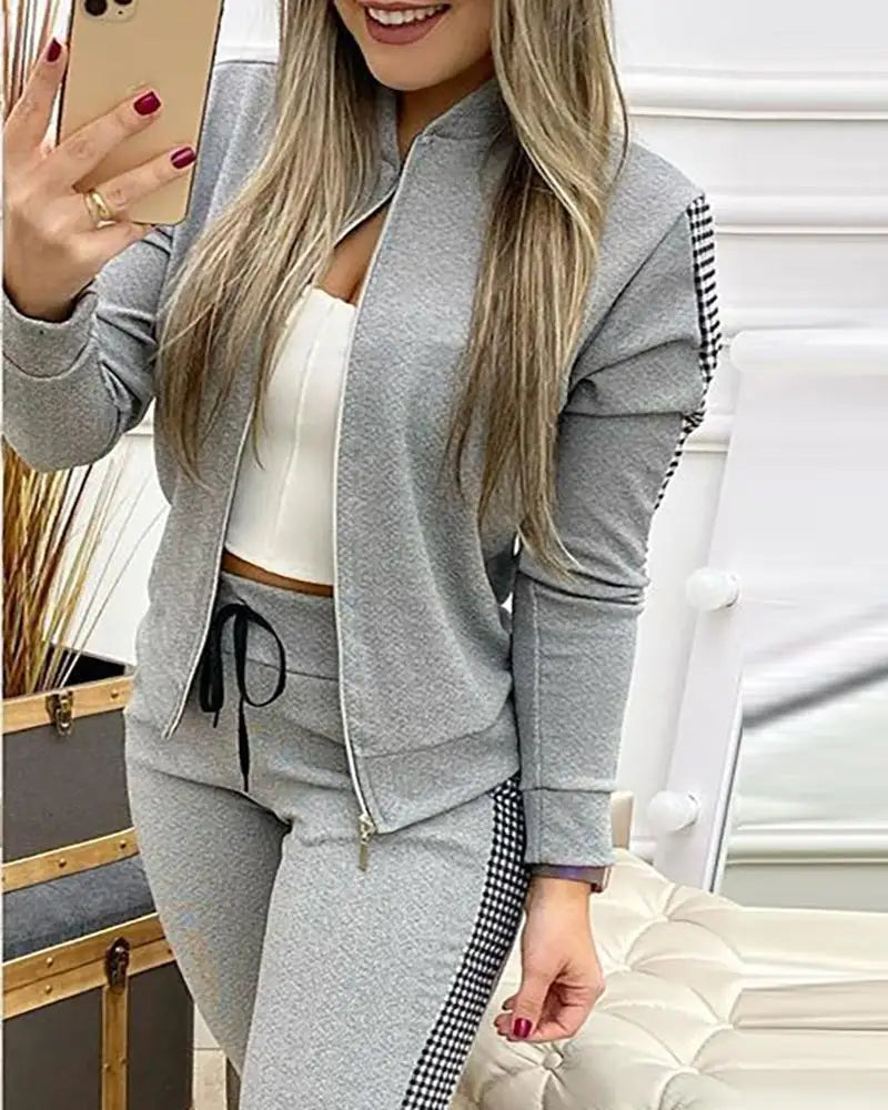 Athleisure Zipper Jacket Women's Suit Spring Fashion Patchwork Plaid Slim Fit Timid Feet Trousers Female 2 Piece Set 2025