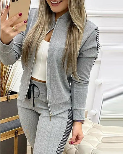 Athleisure Zipper Jacket Women's Suit Spring Fashion Patchwork Plaid Slim Fit Timid Feet Trousers Female 2 Piece Set 2025