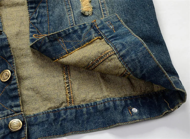 Men Slim Denim Vests Waistcoats Jackets Fashion Male Blue Fit Denim Coats Vests Large Size Punk Style Holes Jeans Vest Size 6XL