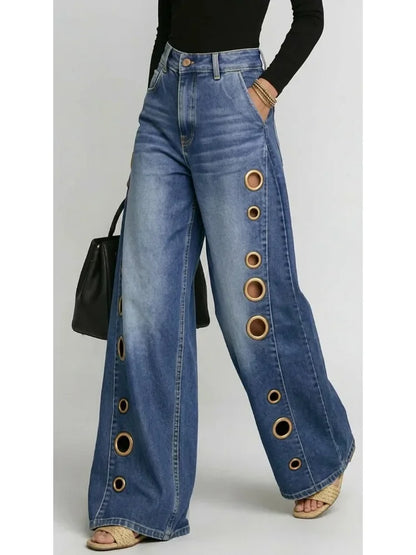 Missuoo Women's 2026 New Washed Blue High-Waist Metal Grommet Wide Leg Jeans, Casual Loose Fit Streetwear Pants for Daily Wear