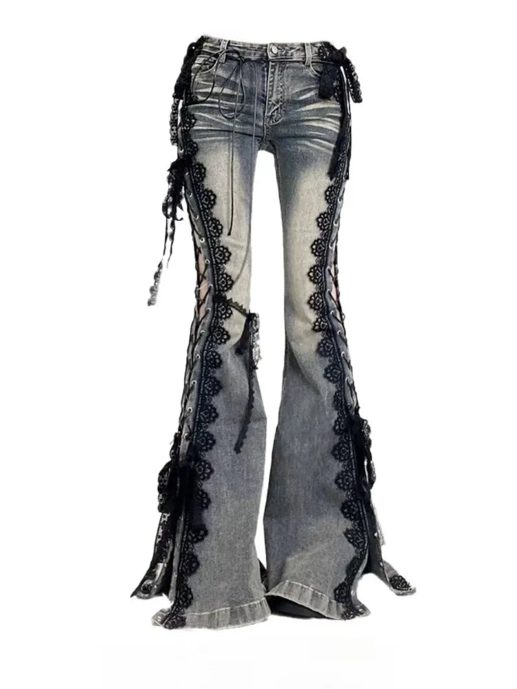 Retro Eyelets Lace Up Flare Jeans Stitch Lace Whiskers Slim Low Rise Split Bootcut Pants Women Bell Bottoms Streetwear