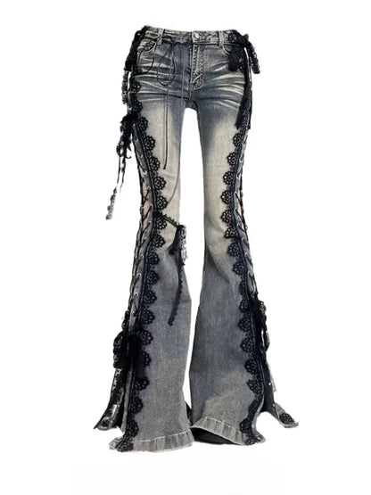 Retro Eyelets Lace Up Flare Jeans Stitch Lace Whiskers Slim Low Rise Split Bootcut Pants Women Bell Bottoms Streetwear