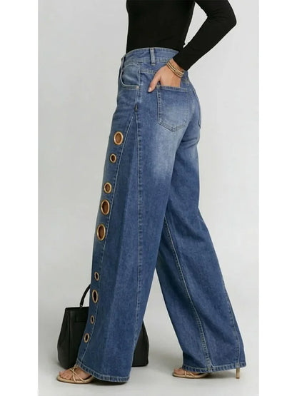 Missuoo Women's 2026 New Washed Blue High-Waist Metal Grommet Wide Leg Jeans, Casual Loose Fit Streetwear Pants for Daily Wear