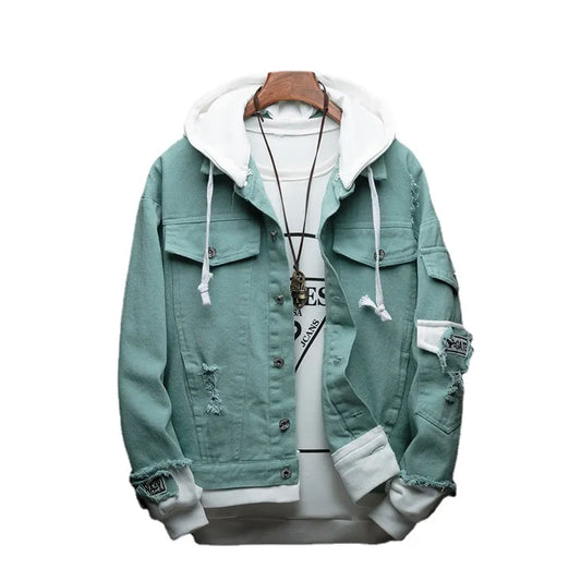 Chaquetas vaqueras con capucha para hombre, abrigos vaqueros nuevos para primavera y otoño, abrigos y chaquetas informales de mezclilla con agujeros para hombre, chaquetas vaqueras holgadas de talla 4XL