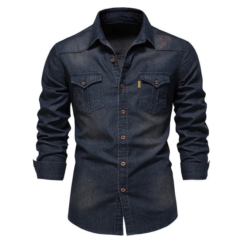 2026 Cotton Denim Shirts Men Casual Long Sleeve Quality Cowboy Shirt Solid Color Slim Fit Elastic Navy Blue Black Clothes