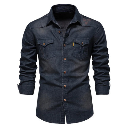 2026 Cotton Denim Shirts Men Casual Long Sleeve Quality Cowboy Shirt Solid Color Slim Fit Elastic Navy Blue Black Clothes