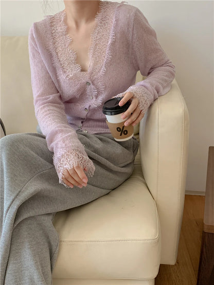 Seoulish Vintage Lace Knitted Cardigans for Women 2026 New Autumn Winter Solid Casual Slim Korean Style Ladies Tops Female