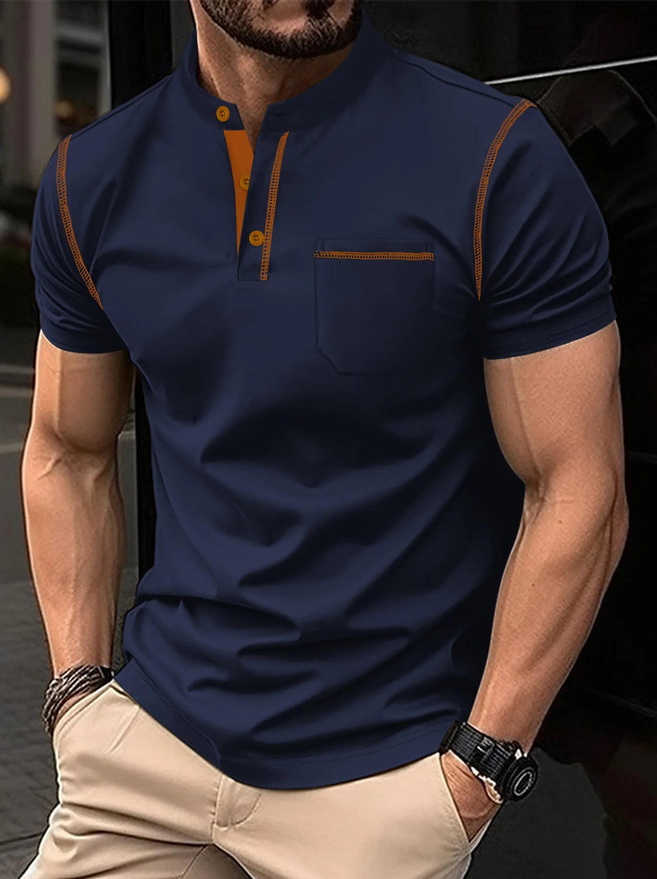 Summer New Men Henry collar short sleeve golf POLO shirt personality pocket style casual breathable sports street fashion top