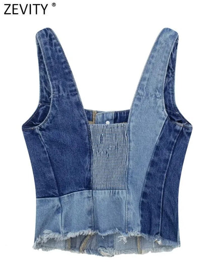 Zevity New Women Vintage Single Breasted Cloth Patchwork Denim Sling Blouse Femme Short Vest Shirt Chic Blusas Crop Tops LS4332