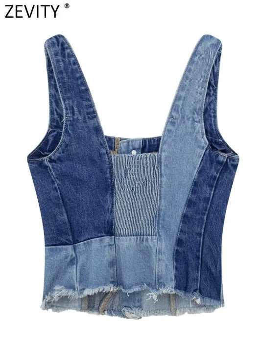 Zevity New Women Vintage Single Breasted Cloth Patchwork Denim Sling Blouse Femme Short Vest Shirt Chic Blusas Crop Tops LS4332