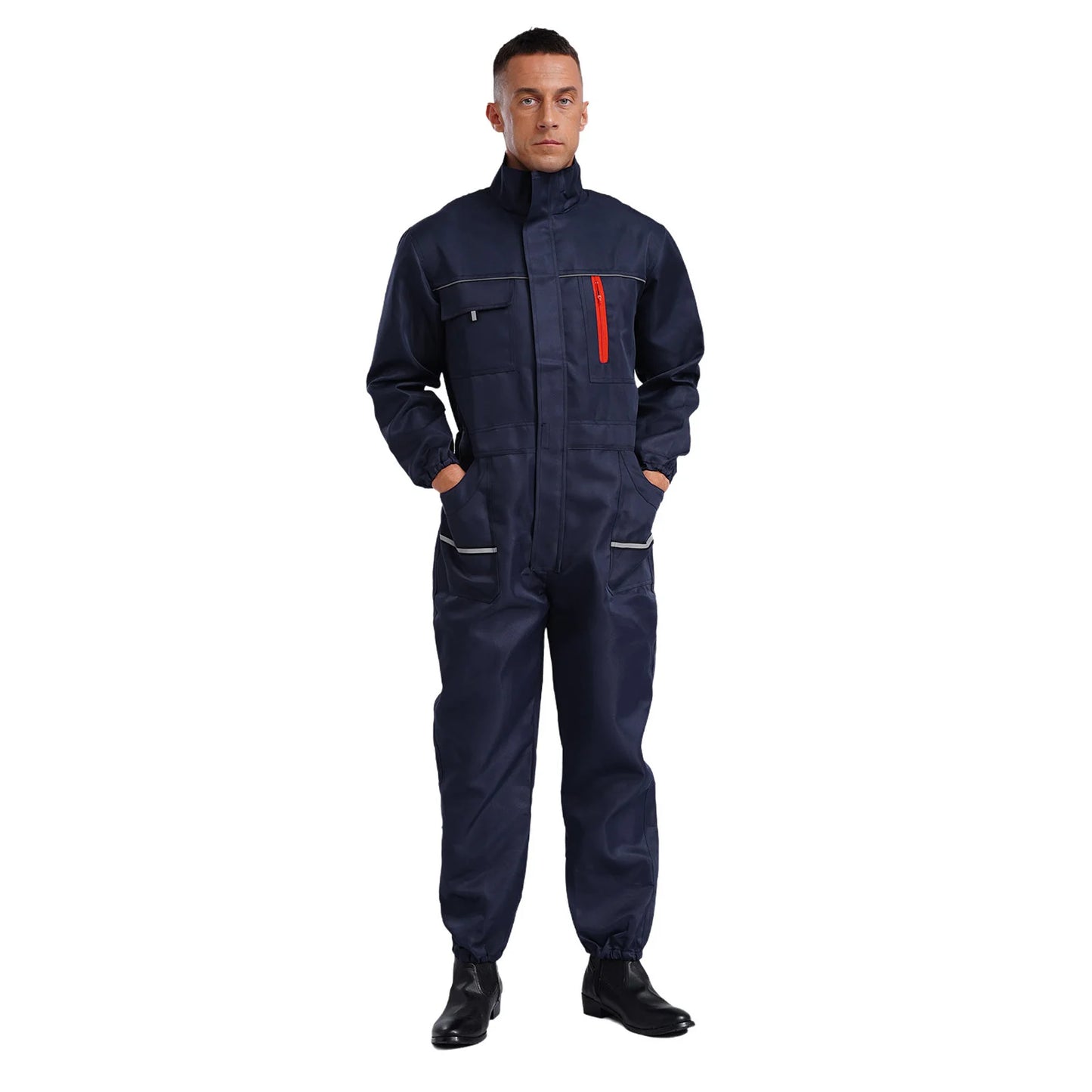 Men Resistant Coveralls Work Uniforms for Factory Workshop Stand Collar Long Sleeve Multi-pockets One-piece Jumpsuit Worker Wear