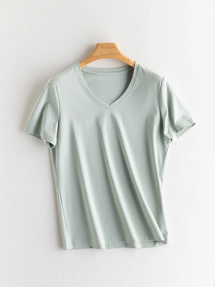 SuyaDream Women Solid T shirts, Silk Cotton Blend, O Neck, Short Sleeved Solid Tee,2026 Summer Candy Colors Basic Cozy Top Green