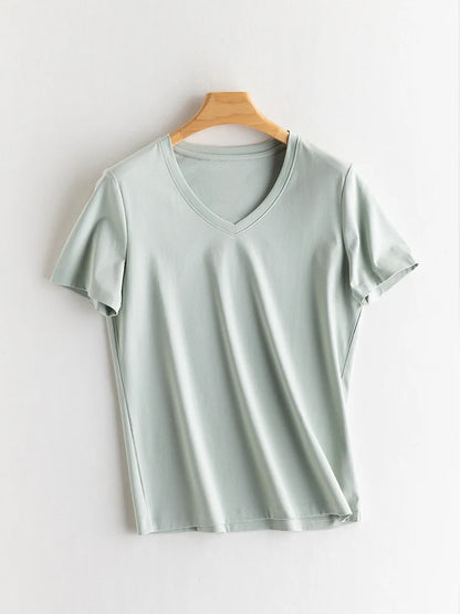 SuyaDream Women Solid T shirts, Silk Cotton Blend, O Neck, Short Sleeved Solid Tee,2026 Summer Candy Colors Basic Cozy Top Green