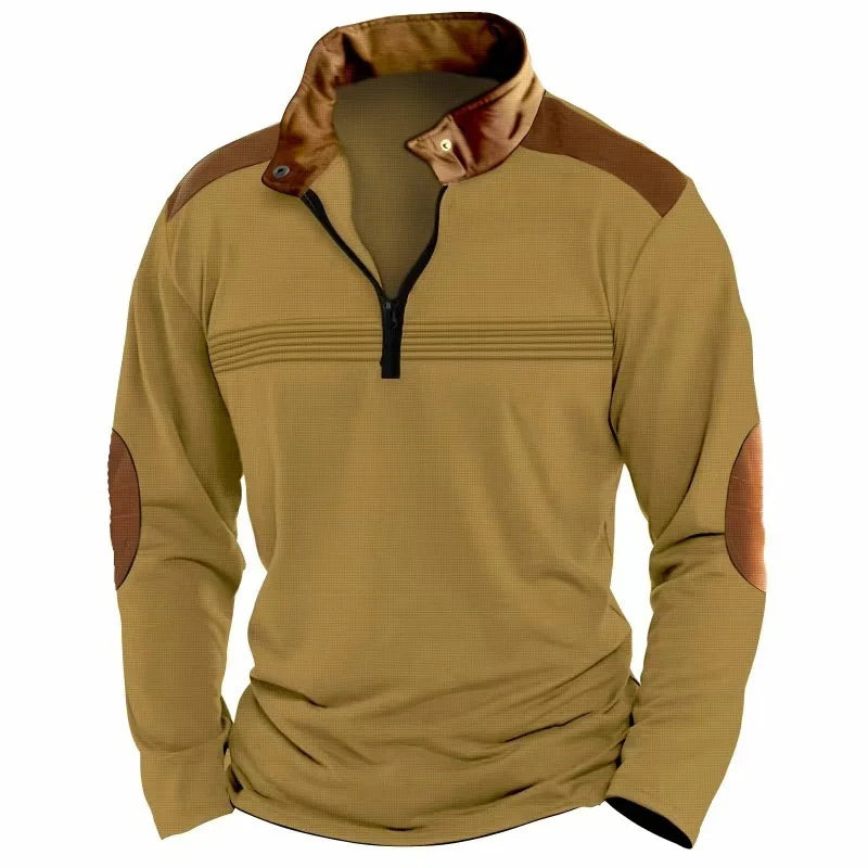 Men's contrasting half-zip stand-up collar long-sleeved top with European and American retro elbow patch design casual pullover