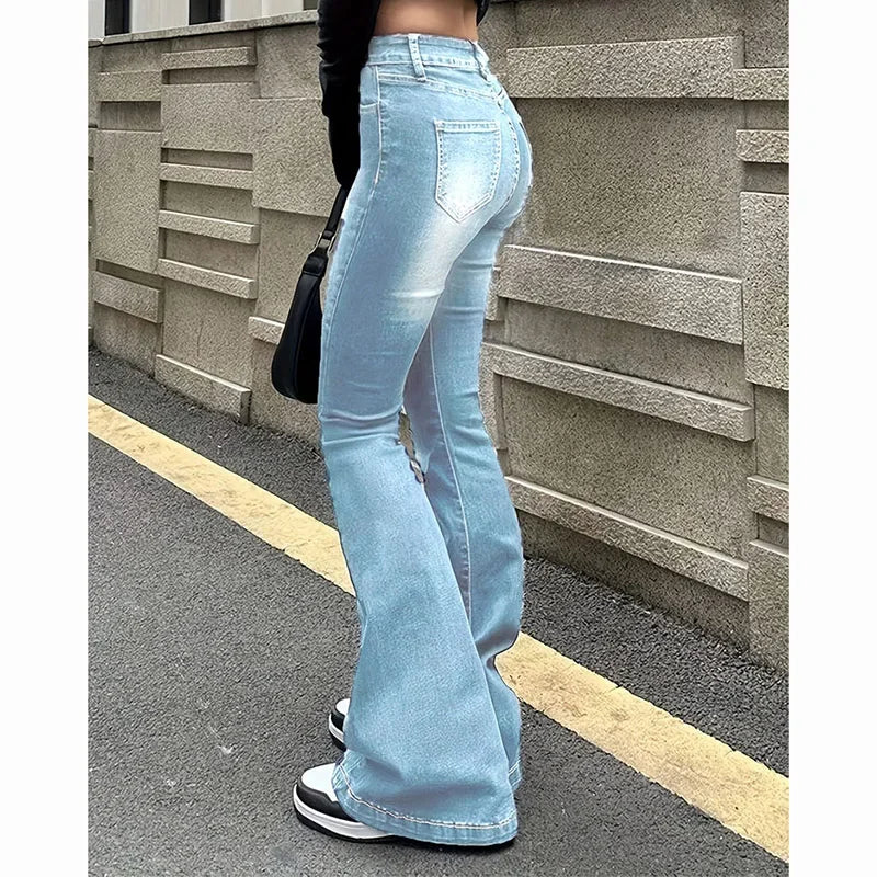 Girls Concise Ins High Waist Flared Jeans Female Stretchy Bootcut Denim Pants Women Solid Color Thin Bell Bottoms Trousers