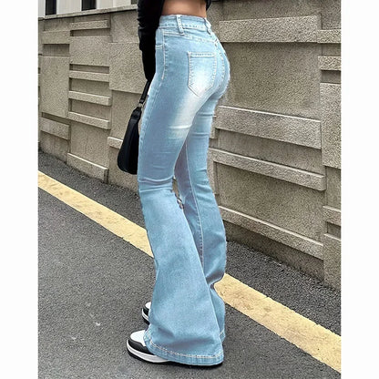 Girls Concise Ins High Waist Flared Jeans Female Stretchy Bootcut Denim Pants Women Solid Color Thin Bell Bottoms Trousers