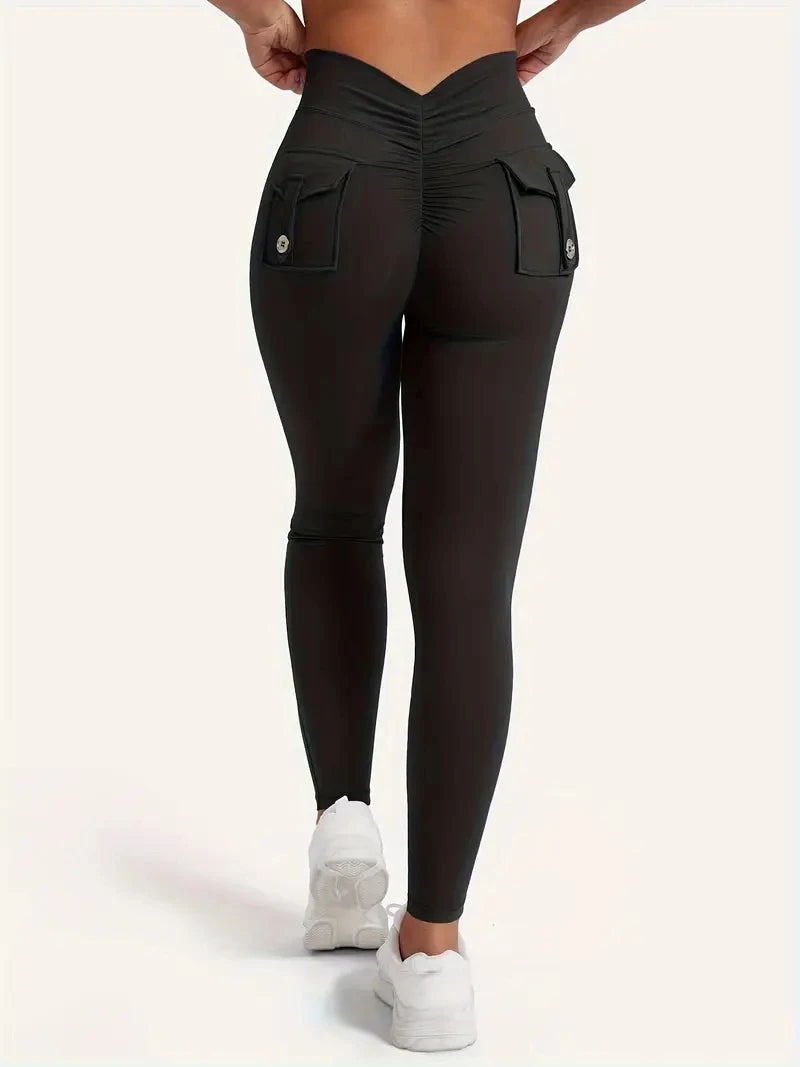 Women's High-Waisted Butt-Lifting V-Back Seamless Gym Yoga Leggings with Pockets