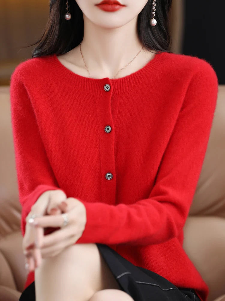 2026 New Chic Women's Basic O-neck Cardigan 100% Merino Wool Sweater Soft Grace Knitwear CoatSpring Autumn Female Clothes Tops
