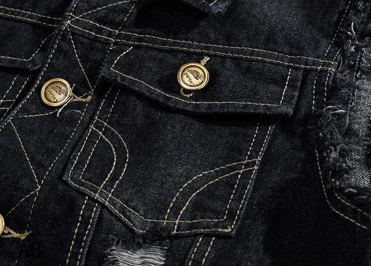 Men Slim Denim Vests Waistcoats Jackets Fashion Male Blue Fit Denim Coats Vests Large Size Punk Style Holes Jeans Vest Size 6XL