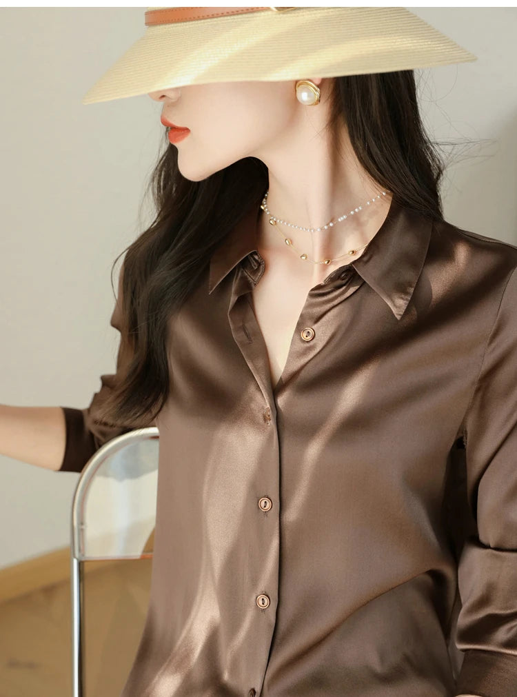 Spring Autumn Elegant Satin Women's Blouse 2026 New Long Sleeve Turn-down Collar Korean Casual Loose Office Lady Shirts Female