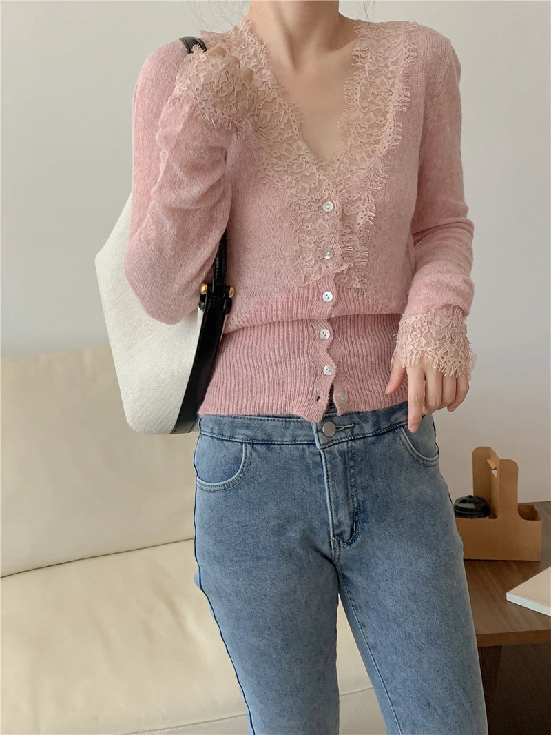 Seoulish Vintage Lace Knitted Cardigans for Women 2026 New Autumn Winter Solid Casual Slim Korean Style Ladies Tops Female