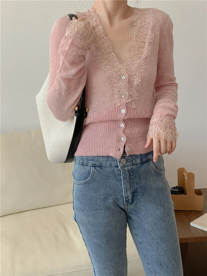 Seoulish Vintage Lace Knitted Cardigans for Women 2026 New Autumn Winter Solid Casual Slim Korean Style Ladies Tops Female