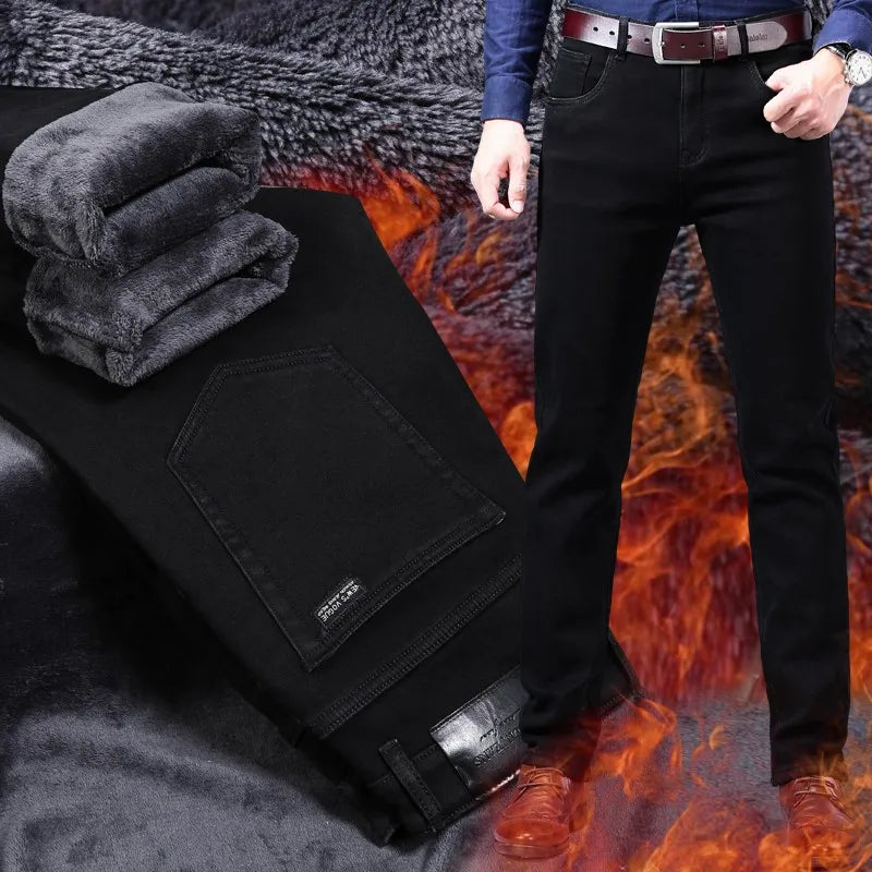 2025 New business casual Trousers Grey Fleece Men Clothes Black Elasticity Warm Winter Jeans Velvet Jeans
