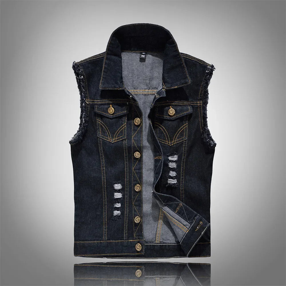 Men Denim Vests Jackets Waistcoats Light Blue Ripped Denim Coats Vests New Fashion Male Cotton Slim Black Jeans Waistcoats 6XL