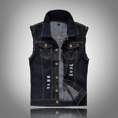 Men Denim Vests Jackets Waistcoats Light Blue Ripped Denim Coats Vests New Fashion Male Cotton Slim Black Jeans Waistcoats 6XL