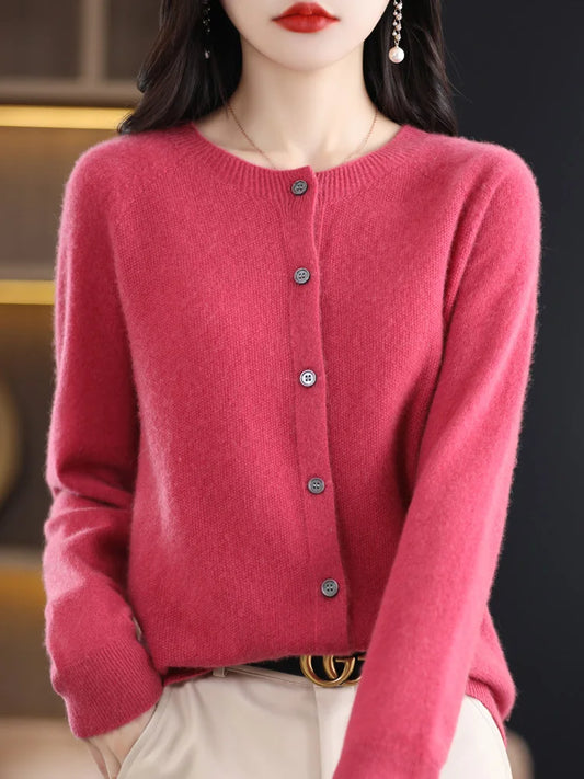 2026 New Chic Women's Basic O-neck Cardigan 100% Merino Wool Sweater Soft Grace Knitwear CoatSpring Autumn Female Clothes Tops