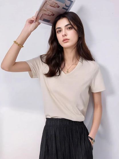 SuyaDream Women Solid T shirts, Silk Cotton Blend, O Neck, Short Sleeved Solid Tee,2026 Summer Candy Colors Basic Cozy Top Green