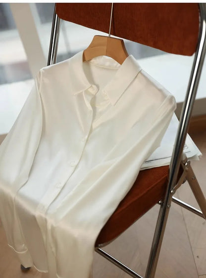 Spring Autumn Elegant Satin Women's Blouse 2026 New Long Sleeve Turn-down Collar Korean Casual Loose Office Lady Shirts Female