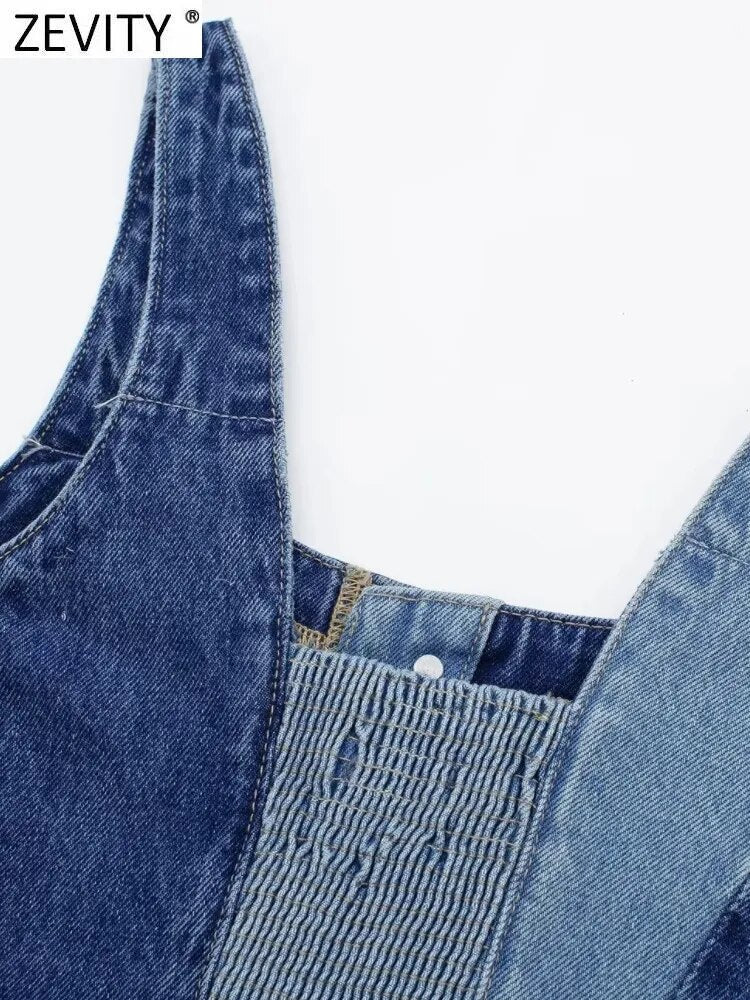 Zevity New Women Vintage Single Breasted Cloth Patchwork Denim Sling Blouse Femme Short Vest Shirt Chic Blusas Crop Tops LS4332