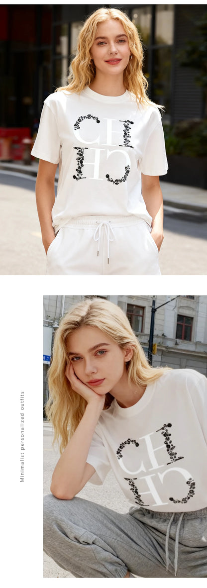 CH Letter Printed Fashionable Black T-shirt Trendy Streetwear Fashionable Men's and Women's Casual Loose Short Sleeved Top