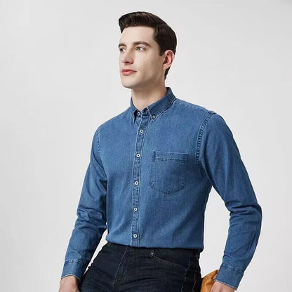 Nueva camisa de manga larga vaquera de algodón 100% para otoño e invierno, abrigo grueso para hombre, abrigo social ajustado, informal, holgado, a la moda