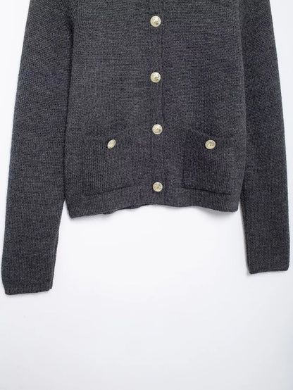 Women's Winter Slim Short Knitted Cardigan Jacket Retro Round Neck Gold Breasted Decoration Elegant Women's Casual Jacket